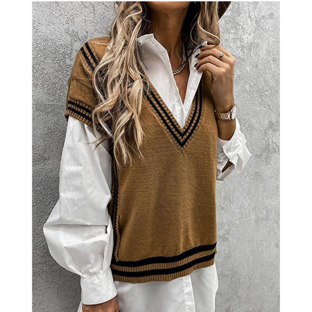 Brown Striped Knit V-Neck Oversized Sleeveless Square Pullover Sweater Vest